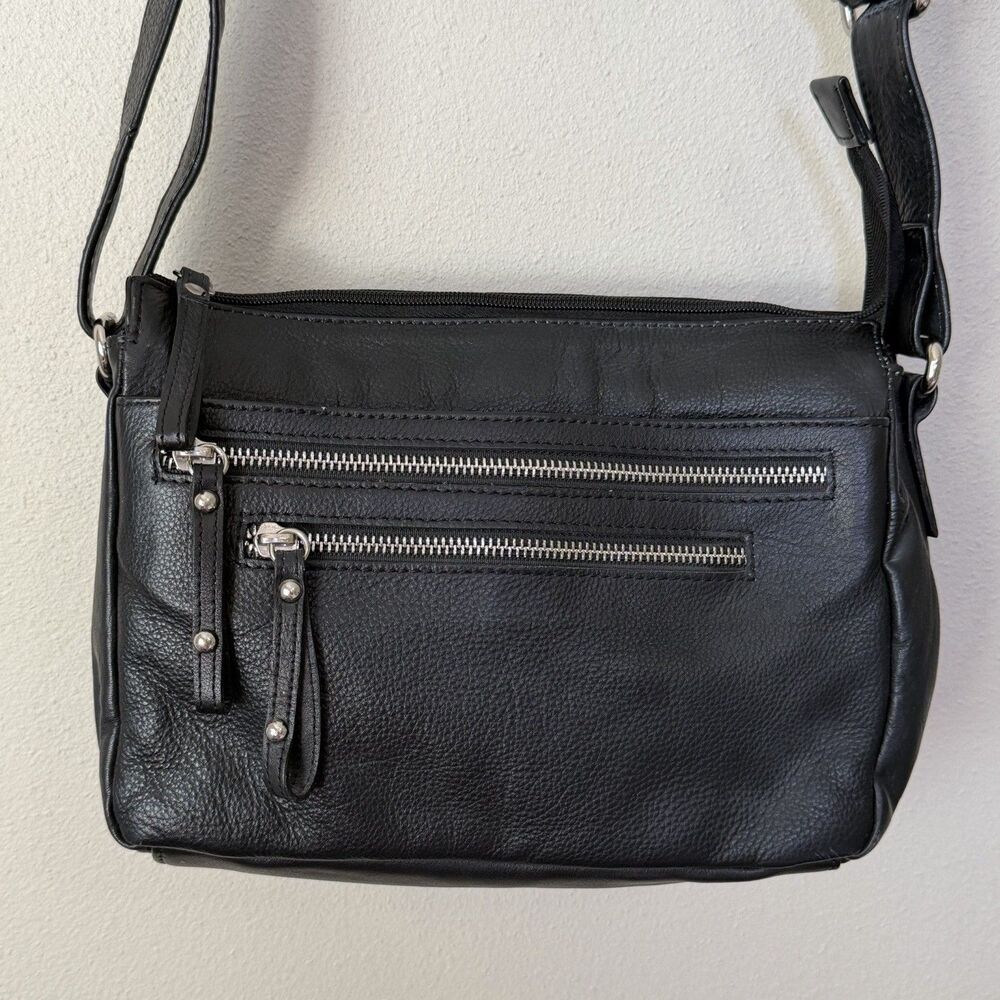 Great American Leather Works Black Pebbled Leather Multi Zip Crossbody Bag